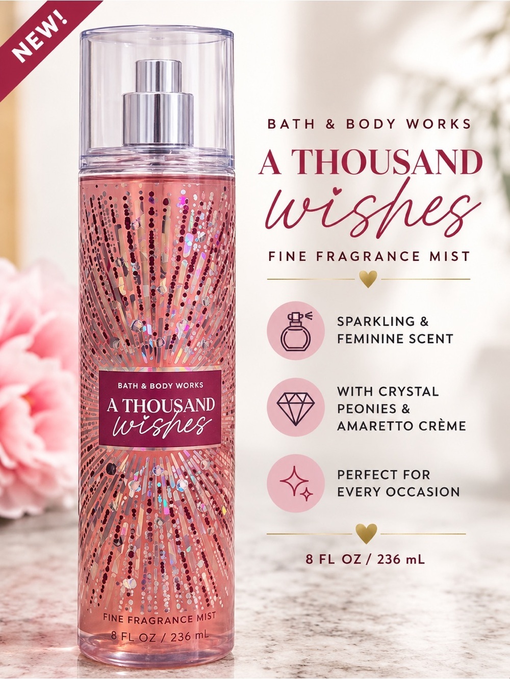 Bath & Body Works A Thousand Wishes Body Mist - Pink with Holographic Accents